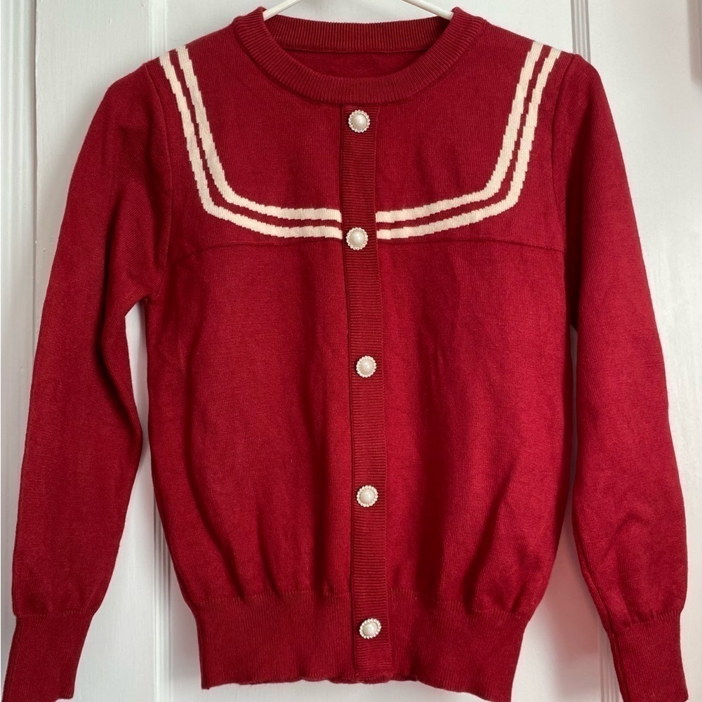 Red Crewneck Cardigan Sweater with Cream Trim